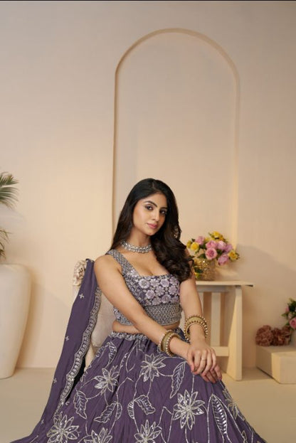 Celebrate in Color: Purple Zari sequins Work Bridal Lehenga for Haldi Ceremonies