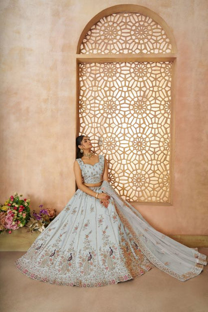 Beautiful Sky blue Color Sequins Chinon Reception Wear Lehenga Choli