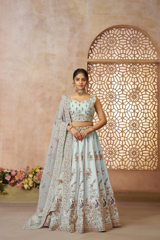 Beautiful Sky blue Color Sequins Chinon Reception Wear Lehenga Choli