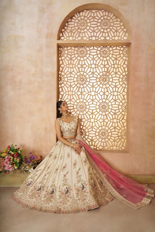 White - modern zari silk Fabric with Sequinse & Thread embroidery Semi-Stitched Lehenga choli & Dupatta