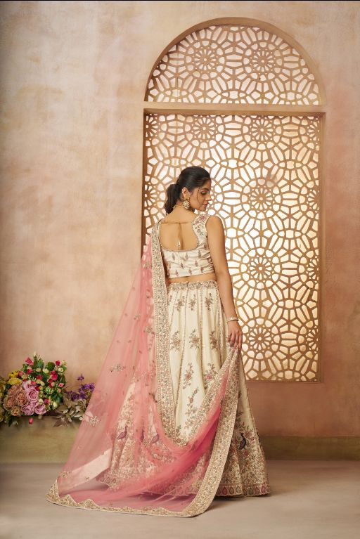 White - modern zari silk Fabric with Sequinse & Thread embroidery Semi-Stitched Lehenga choli & Dupatta