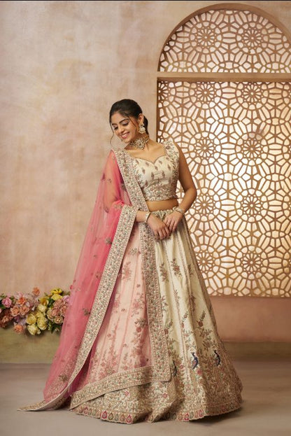 White - modern zari silk Fabric with Sequinse & Thread embroidery Semi-Stitched Lehenga choli & Dupatta