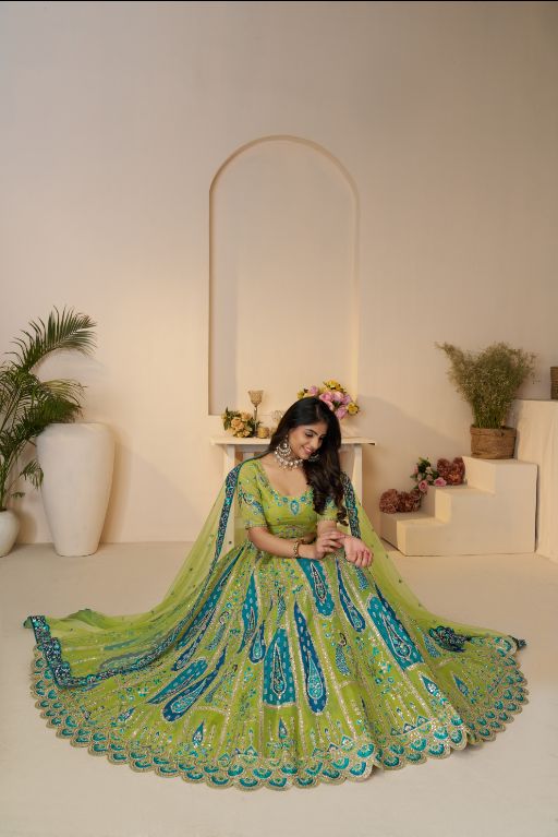 Royal Grandeur bridal Purple Soft Net Lehenga with Paisley and Peacock Motifs & Heavy Embroidery