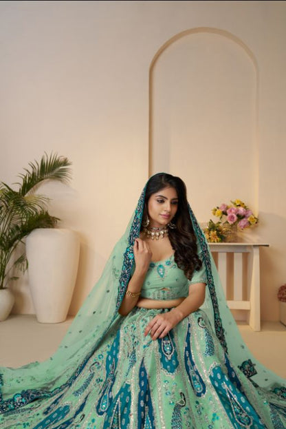 Royal Grandeur bridal sky blue  Lehenga with Paisley and Peacock Motifs & Heavy Embroidery