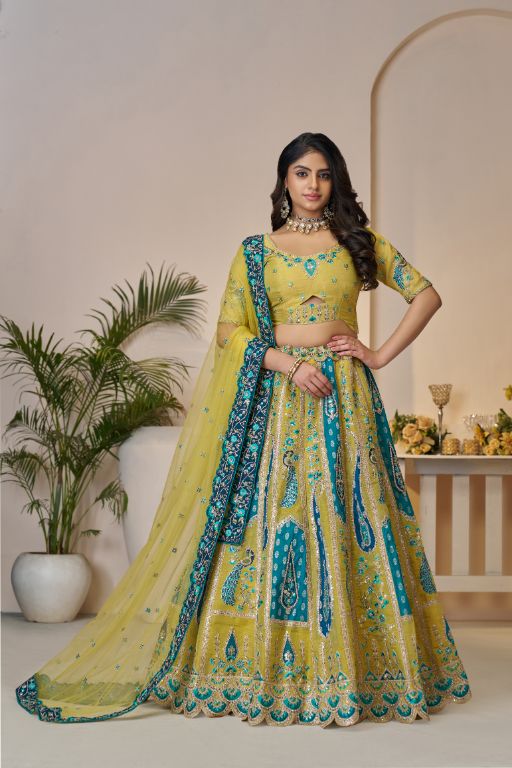 Alluring Bel Butti pattern Golden Sangeet Lehenga Choli