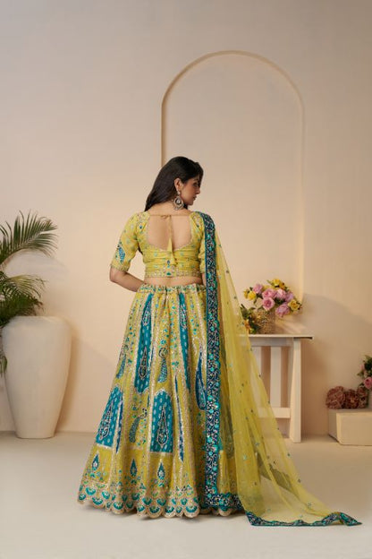 Alluring Bel Butti pattern Golden Sangeet Lehenga Choli