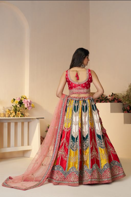Multicolour Banarsi Mosaic scallop designer bridal lehnga