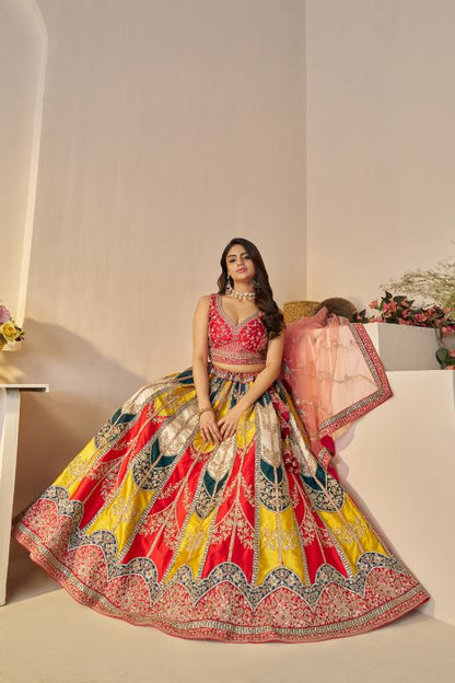 Multicolour Banarsi Mosaic scallop designer bridal lehnga