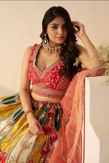 Multicolour Banarsi Mosaic scallop designer bridal lehnga