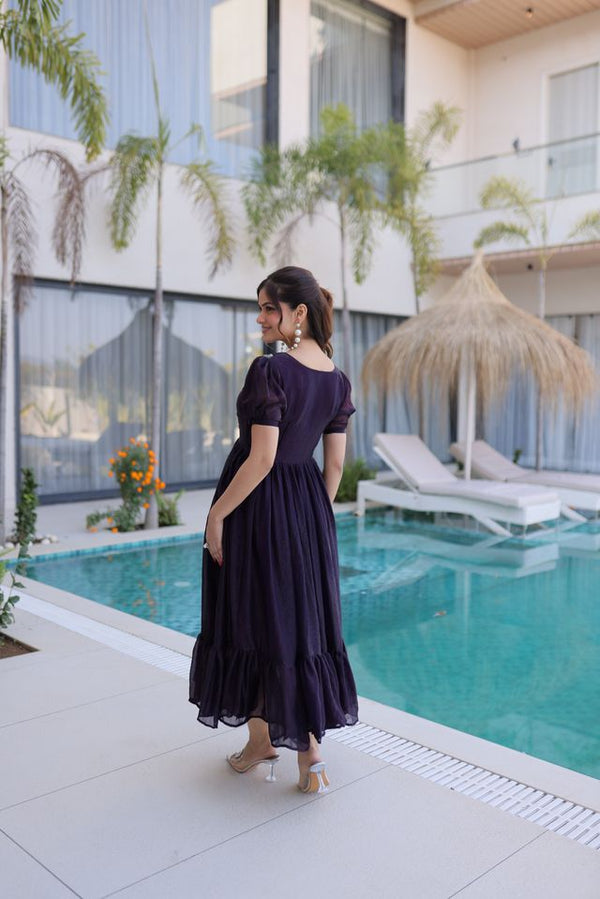 Dark Purple Color Beautiful Ceremonial Fendy Silk Fabric Gown For Party Looks