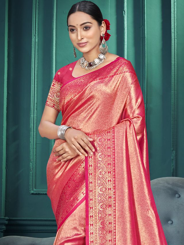 Pink Color Traditional Kanjivaram Silk Saree With Beautiful Woven Designer