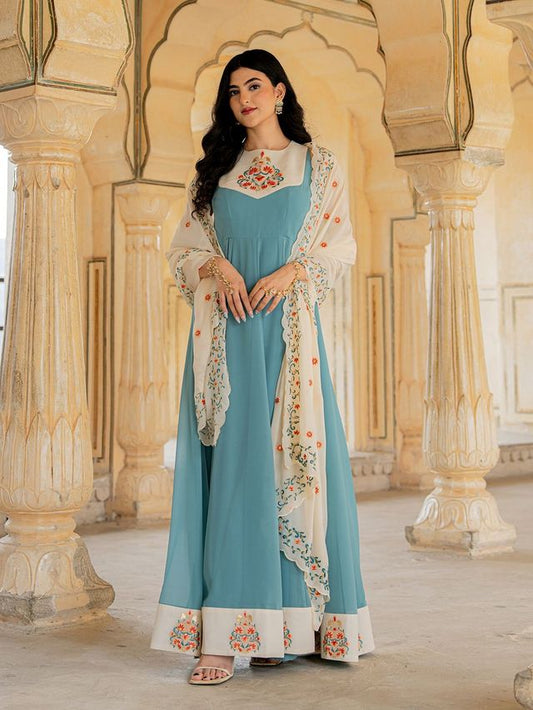 Blue Color Georgette Fabric Designer Embroidered Partywear Gown For Girlie Looks
