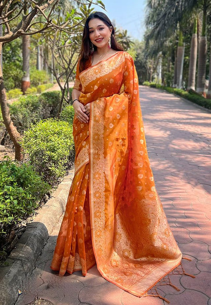 Orange Color Organza Fabric Woven Designer Ceremonial Partywear Saree