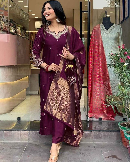 Burgundy Color Designer Embroidered Ethnic Partywear Suit