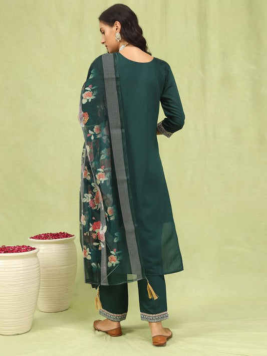 Green Color Viscose Roman Silk Fabric Designer Embroidery Work Sophisticated Girlie Salwar Kameez