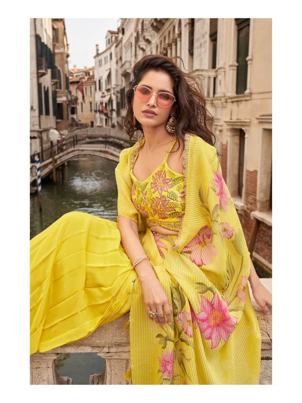 Yellow Chinon Silk Indowestern Crop Top, Skirt And Shrug Set Free Size Full Stitched Upto 42