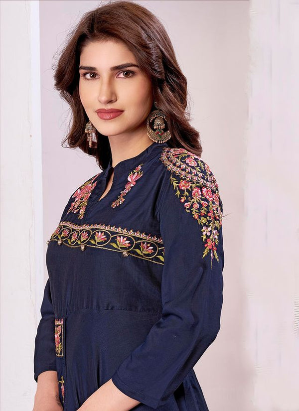 Blue Color Beautiful Embroidered Ceremonial Gown For Classy Looks