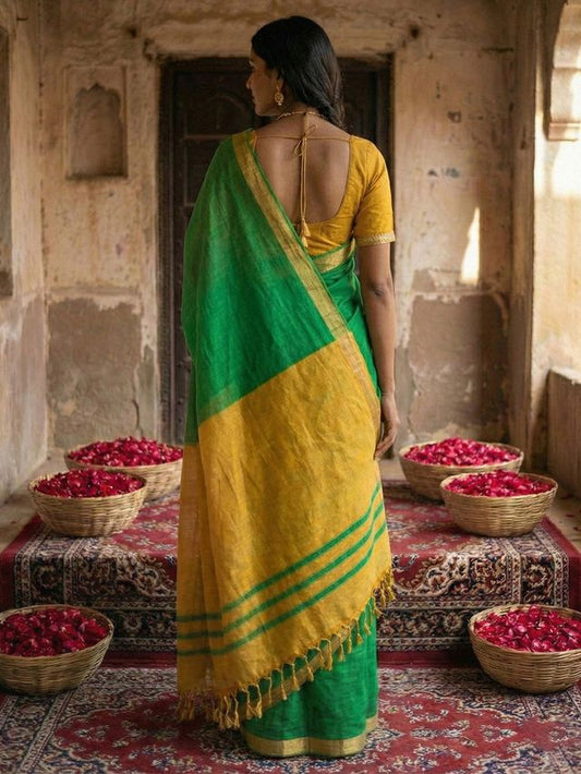 Green Color Stylish Cotton Woven Designer Partywear Saree