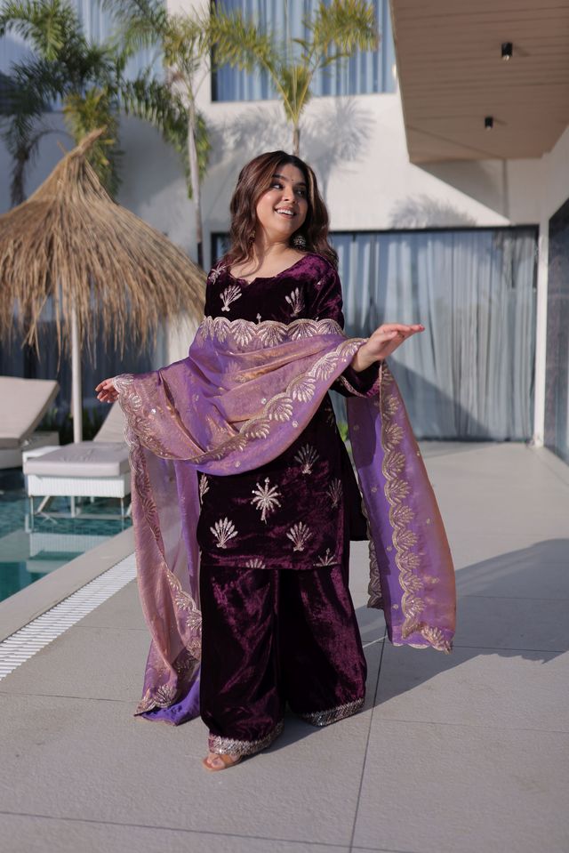 Wine Color Ice Velvet Fabric Ethnic Heavy Embroidered Ceremonial Suit With Dupatta