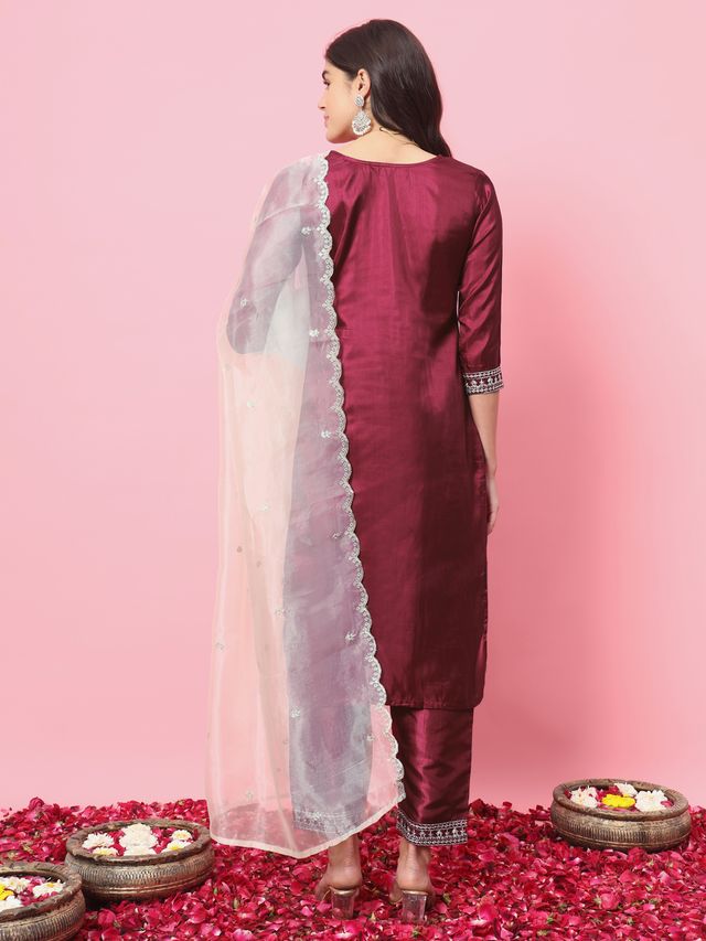 Cherry Red Color Silk Blended Ethnic Partywear Ceremonial Suit