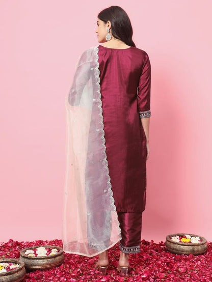 Cherry Red Color Silk Blended Ethnic Partywear Ceremonial Suit