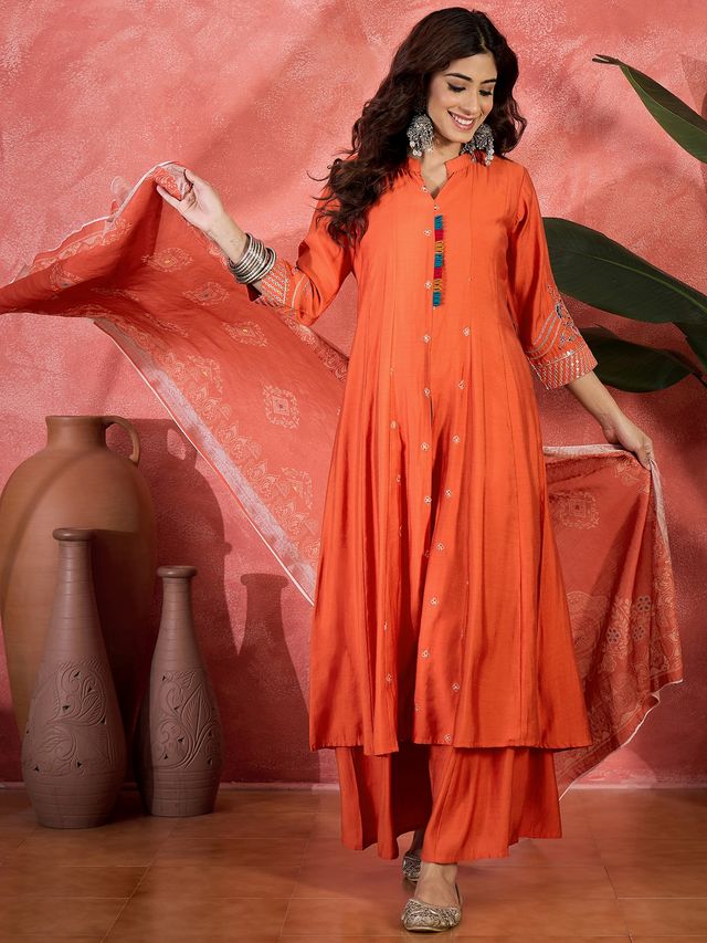 Orange Color Chanderi Silk Fabric Beautiful Graceful Readymade Palazzo Dress