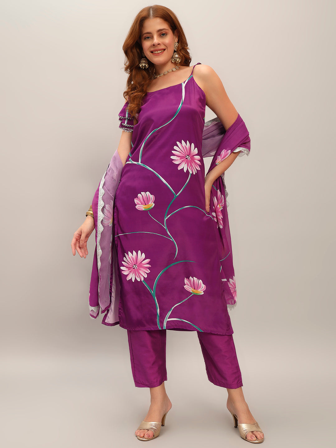 Floral Women's Crepe Fabric Straight Kurta,Pant and Dupatta Set