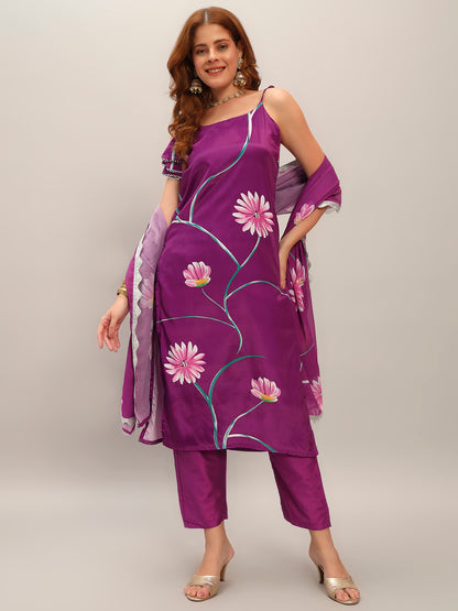 Floral Women's Crepe Fabric Straight Kurta,Pant and Dupatta Set
