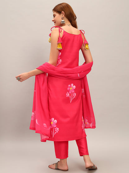 Floral Women's Crepe Fabric Straight Kurta,Pant and Dupatta Set