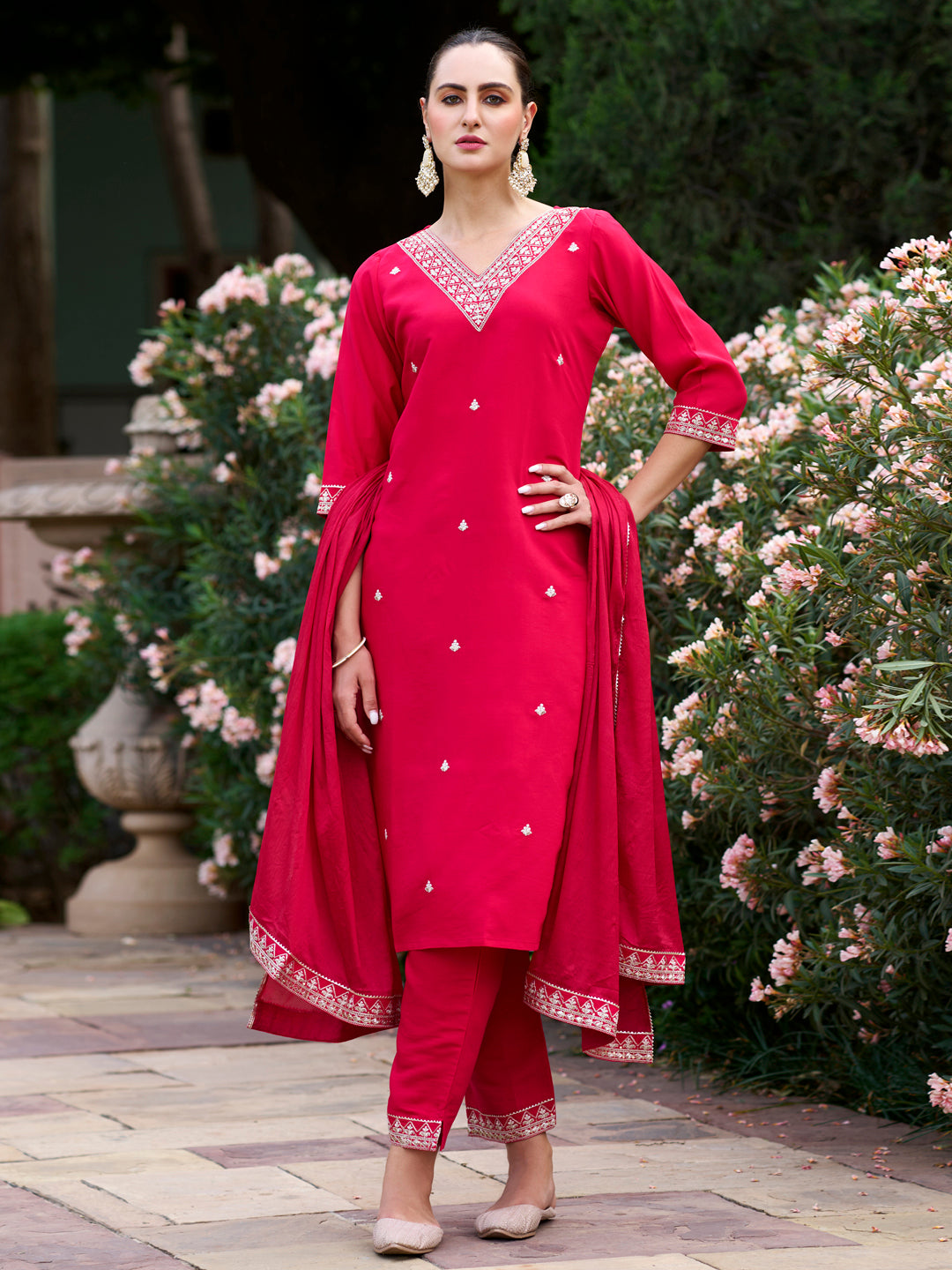 Women's Gorgeous Embroidery Rayon Slub Fabric Stright Kurta Pant with Dupatta Set