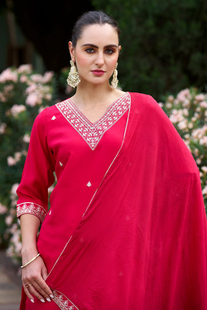 Women's Gorgeous Embroidery Rayon Slub Fabric Stright Kurta Pant with Dupatta Set