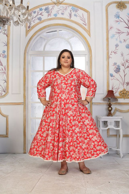 Red Color Rayon Fabric Designer Printed Plus Size Kurta For Girls