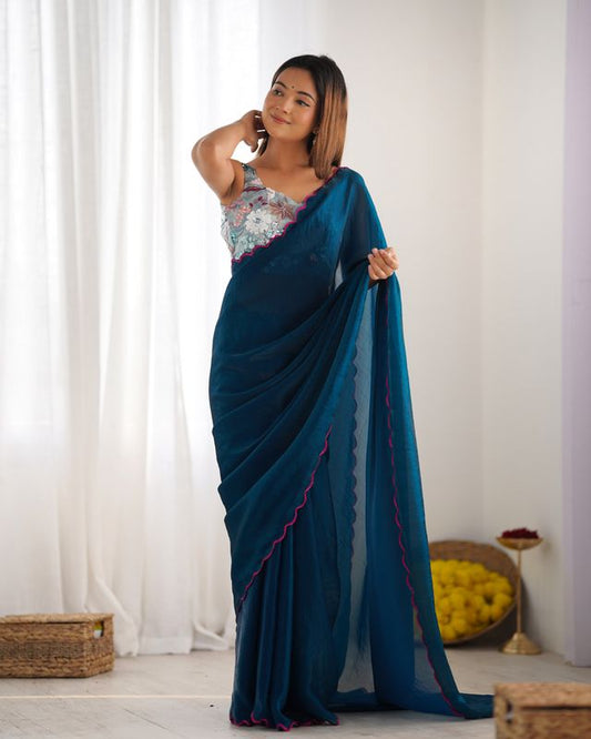 Rama Color Beautiful Bollywood Style Ceremonial Saree With Beeds Work Blouse