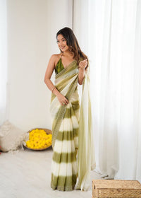 Mahendi Color Beautiful Fendy Satin Fabric Saree With Glamorous Zarkan Diamond Work