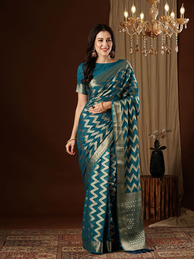 Teal Blue Color Beautiful Woven Ethnic Georgette Fabric Ceremonial Saree