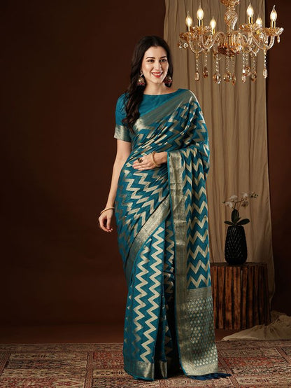 Teal Blue Color Beautiful Woven Ethnic Georgette Fabric Ceremonial Saree