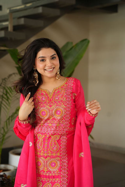 Gajri Color Chinon Fabric Designer Embroidery Work Suit for Trendy Girlie Looks