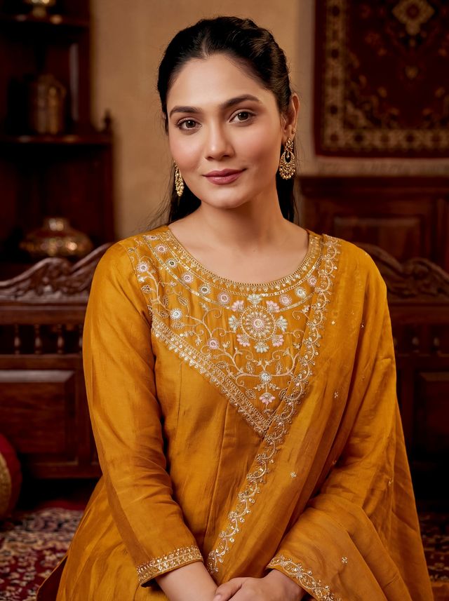 Mustard Color Beautiful Vichitra Silk Fabric Designer Ceremonial Readymade Suit