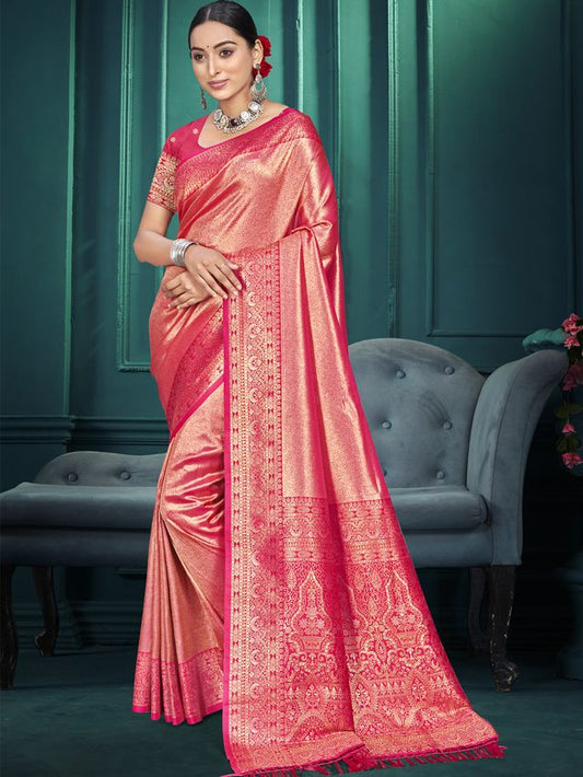 Pink Color Traditional Kanjivaram Silk Saree With Beautiful Woven Designer