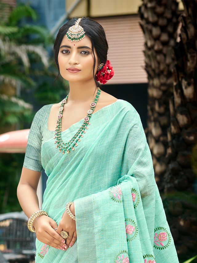 Sky Blue Color Linen Fabric Woven Designer Saree With Floral Embroidered Work