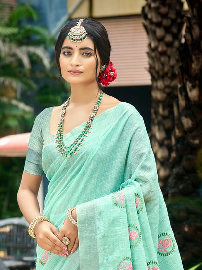 Sky Blue Color Linen Fabric Woven Designer Saree With Floral Embroidered Work
