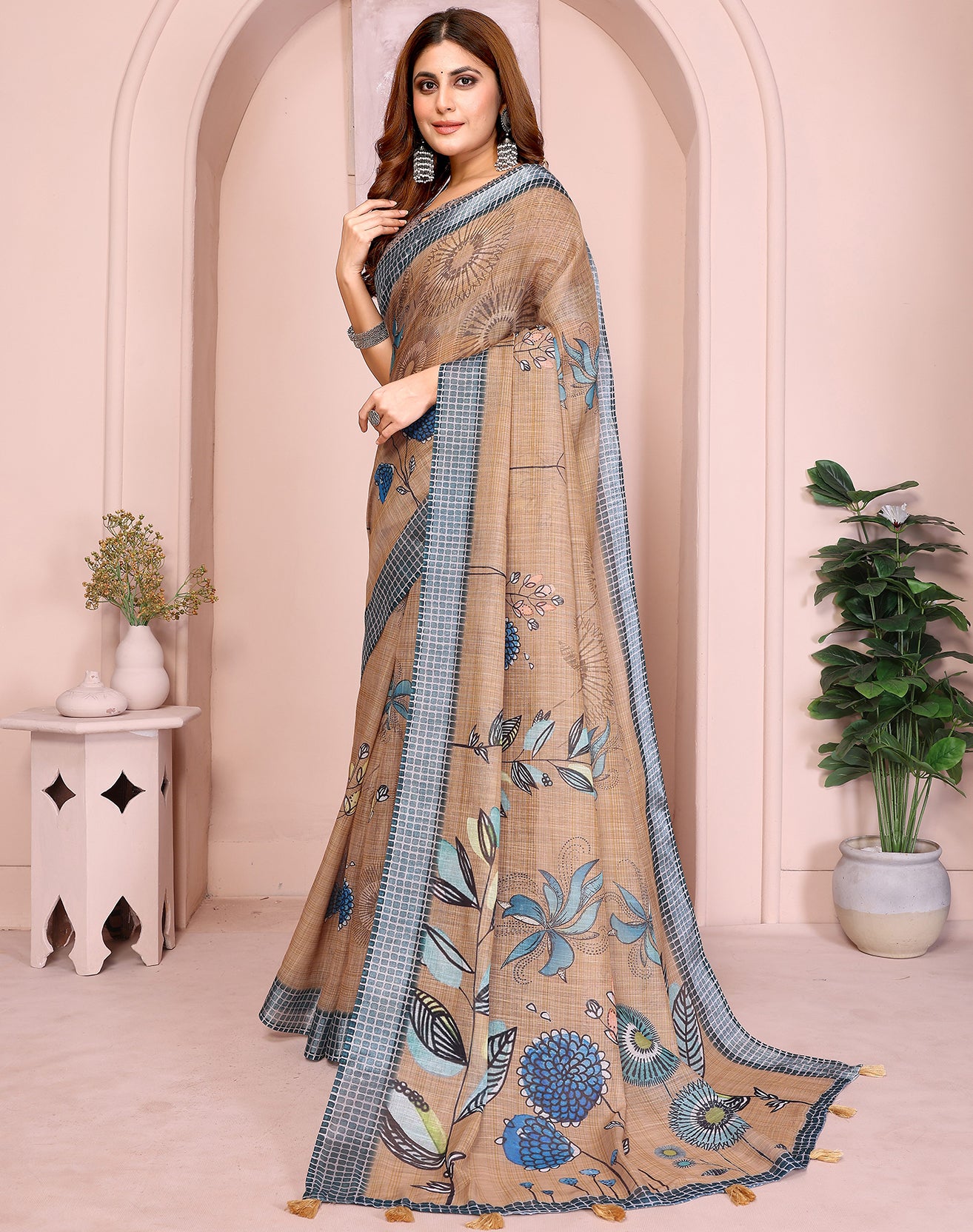 Chiku soft linen cotton printed silk saree with woven border