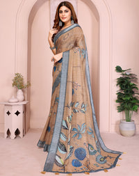 Chiku soft linen cotton printed silk saree with woven border