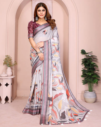 Grey soft linen cotton printed silk saree with woven border