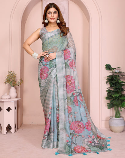 Grey soft linen cotton printed silk saree with woven border