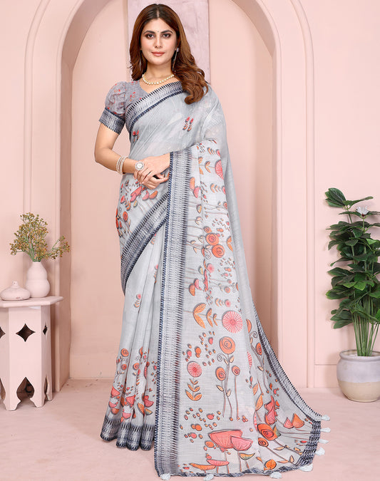 Grey soft linen cotton printed silk saree with woven border