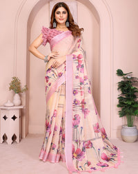 Baby Pink soft linen cotton printed silk saree with woven border