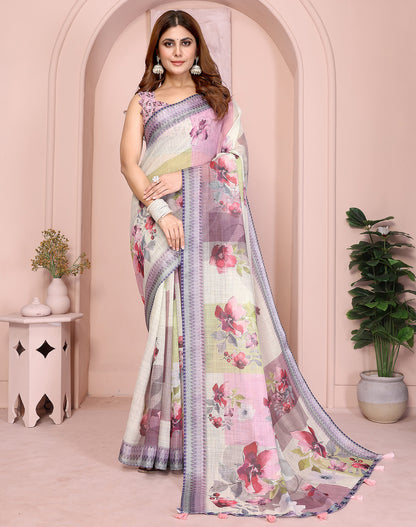 Beige soft linen cotton printed silk saree with woven border