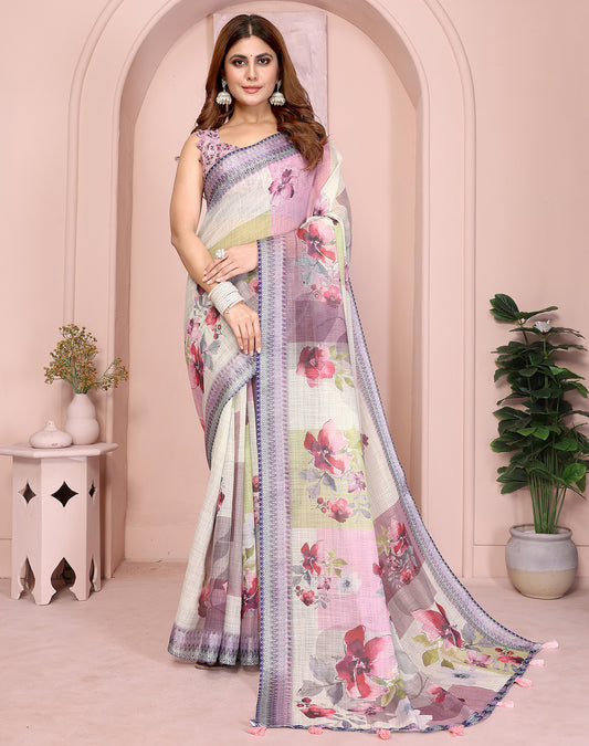 Beige soft linen cotton printed silk saree with woven border