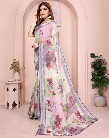 Beige soft linen cotton printed silk saree with woven border